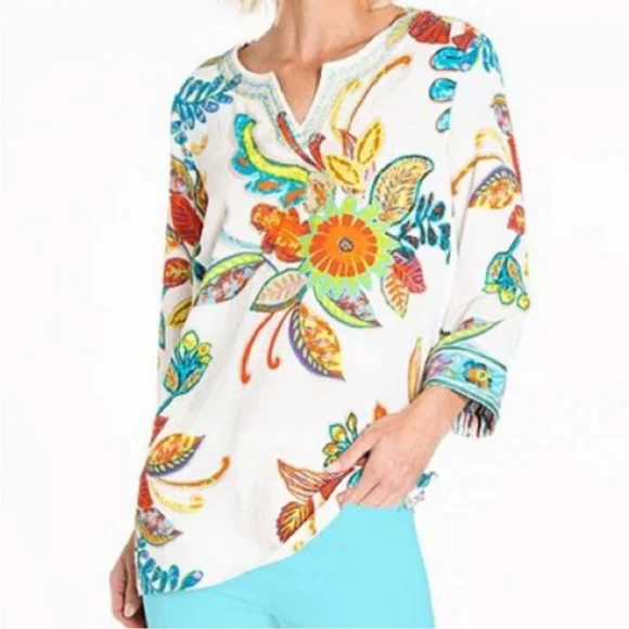 John Mark Floral Tunic Women's XL Embroidery Boho Festival Art to Wear Vacation - Picture 1 of 11